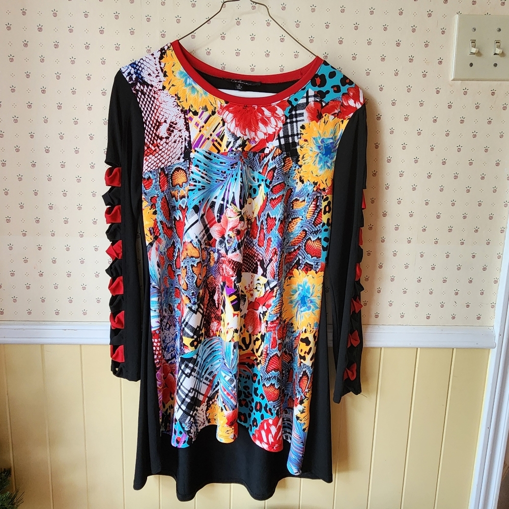 CALE Colorful Long Sleeve Top with Black and Red Accents
